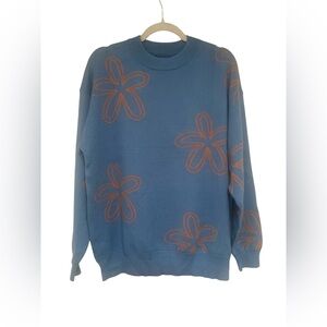 Dokotoo Blue Sweater with Orange Floral Design NWT L